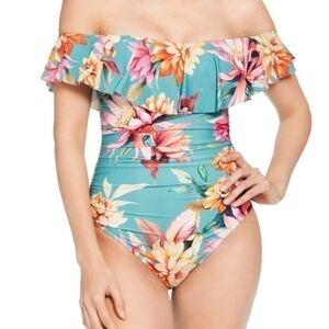 La Blanca Women's Swimwear Size 4 One Piece Ruffle Floral-Print Blue